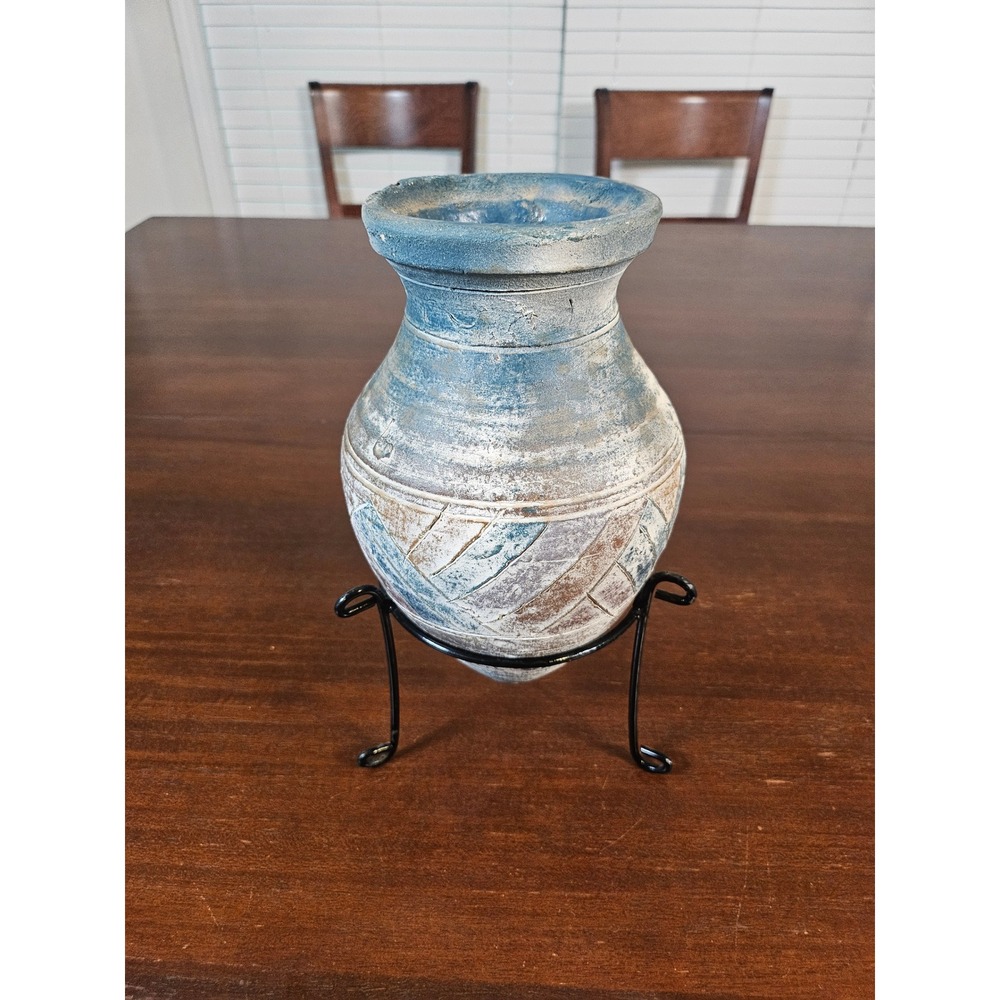 Terracotta Vase Unisex Medium Blue Rustic Distressed Amphora with Stand